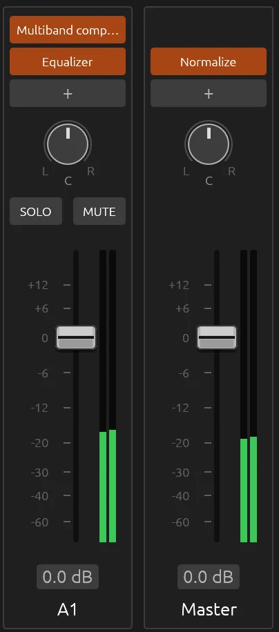 The audio mixer: track A1 with a multiband compressor and an equalizer, the master with a normalization, each with balance, fader and meters