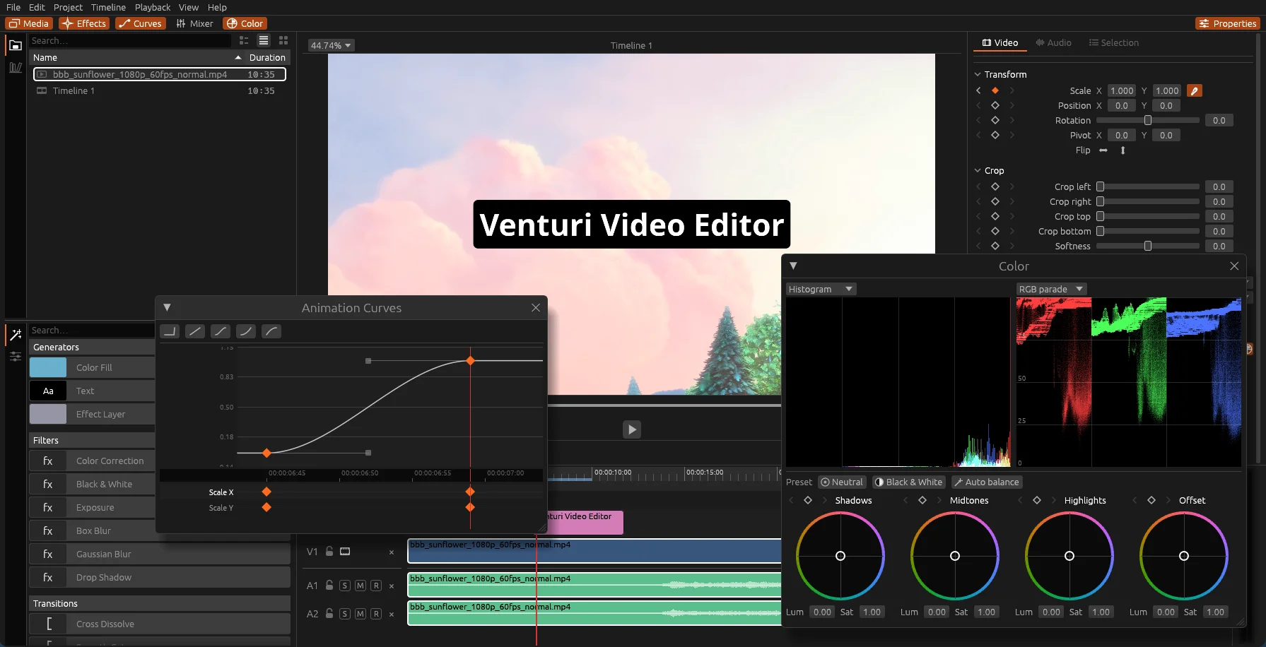 Venturi editing a multi-track timeline, with the animation curve editor and the Color window open